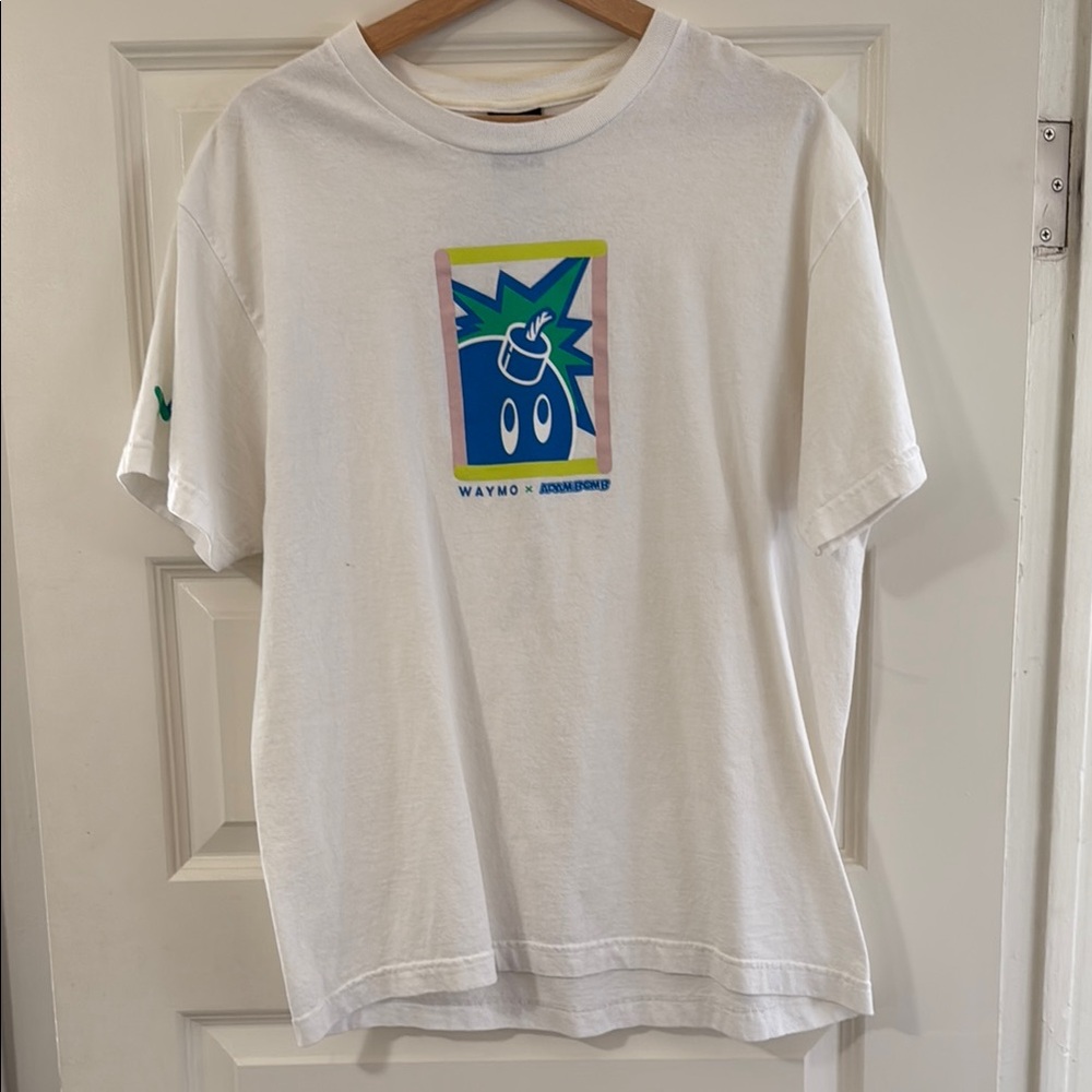 Waymo x Adambomb White Graphic T-Shirt with Blue and Green Design